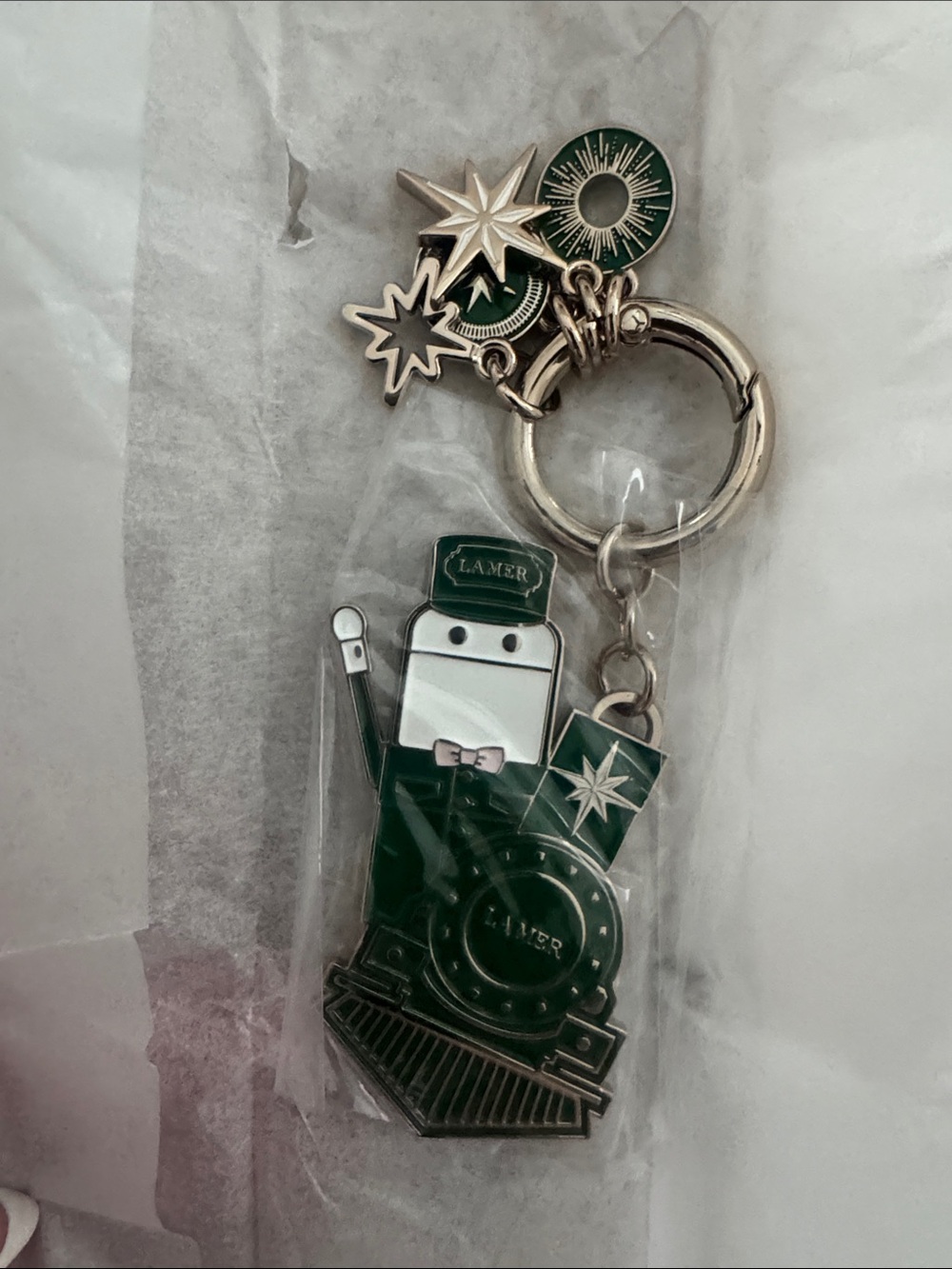 La Mer Green and Silver Train Charm Keyring